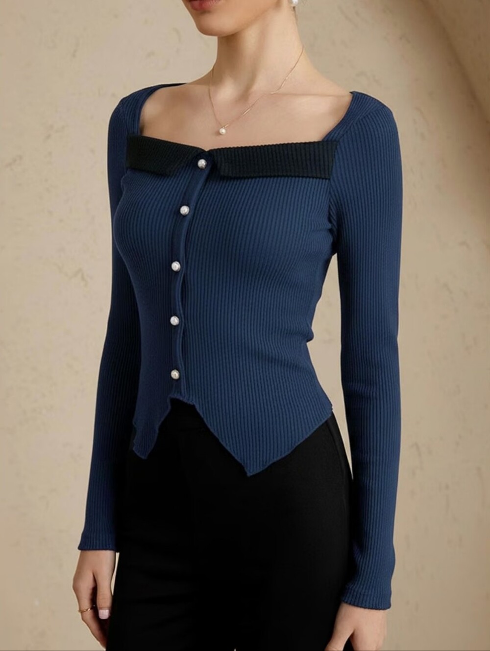 Navy Ribbed Pearl-Button Sweater Top - Picture 3 of 5